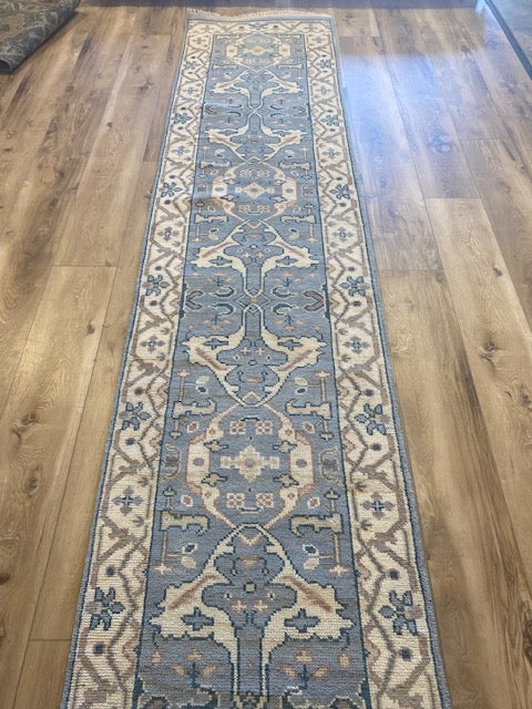 Naro 2.5x12 Blue and Ivory Hand-Knotted Oushak Runner