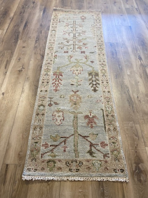 Arena 2.5x8 Light Grey and Beige Hand-Knotted Oushak Runner