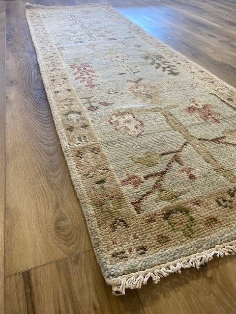 Arena 2.5x8 Light Grey and Beige Hand-Knotted Oushak Runner