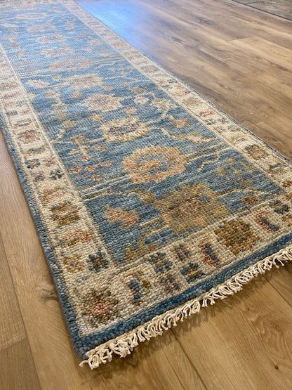 Tres Reyes 2.5x8 Blue Hand-Knotted Oushak Runner